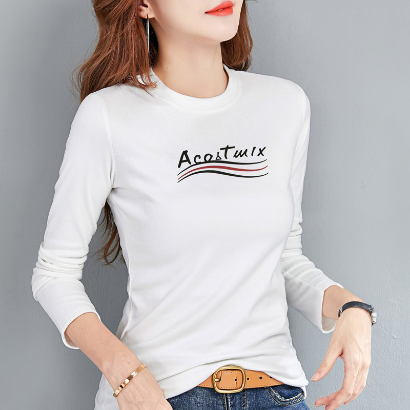 白色德绒打底衫女春秋百搭上衣薄款圆领内搭紧身磨毛长袖t恤小衫