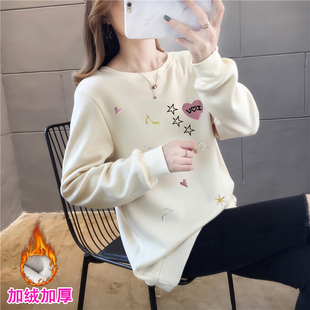 女装 韩版 秋季 打底衫 卫衣女秋冬加绒t恤上衣 套头刺绣长袖 2019新款