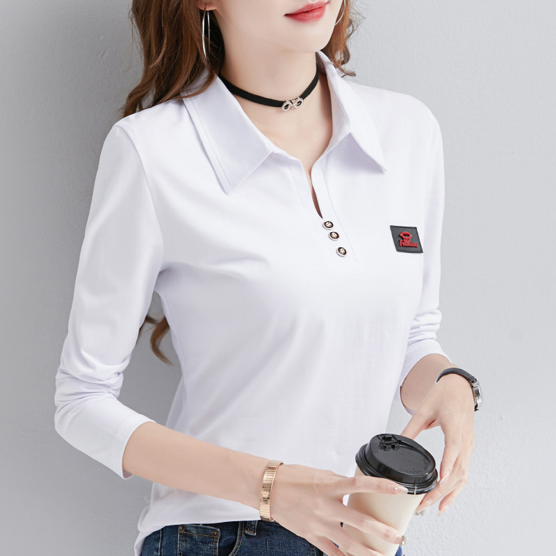 白色打底衫女长袖春秋2024年设计感纯棉t恤POLO领内搭气质上衣潮
