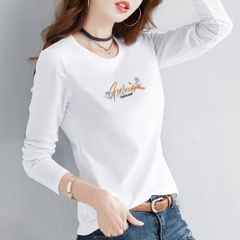 白色纯棉打底衫女春秋季内搭薄款印花百搭修身长袖t恤上衣服潮