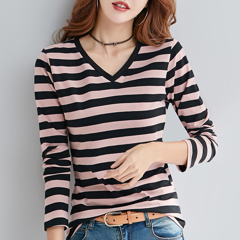 纯棉条纹长袖t恤女款2020年新款秋冬装薄款修身打底衫v领上衣体桖