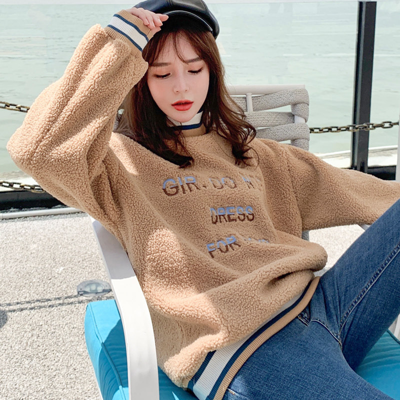 高领卫衣女加绒加厚秋冬装韩版学生宽松拼接羊羔绒长袖外套ins潮