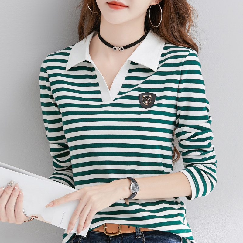 条纹打底衫女长袖春秋2024年设计感纯棉t恤POLO领内搭气质上衣潮