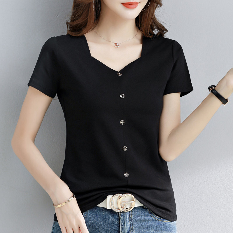 v领黑色短袖t恤女纯棉夏2023新款白色体恤纯色紧身锁骨设计感上衣