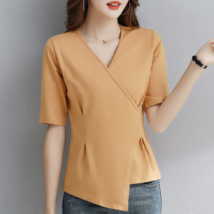 白色短袖t恤女纯棉2023年新款夏季不规则修身v领中袖修身半袖上衣