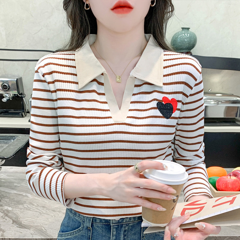 纯棉长袖t恤女修身显瘦内搭POLO领打底衫女春秋条纹小衫上衣