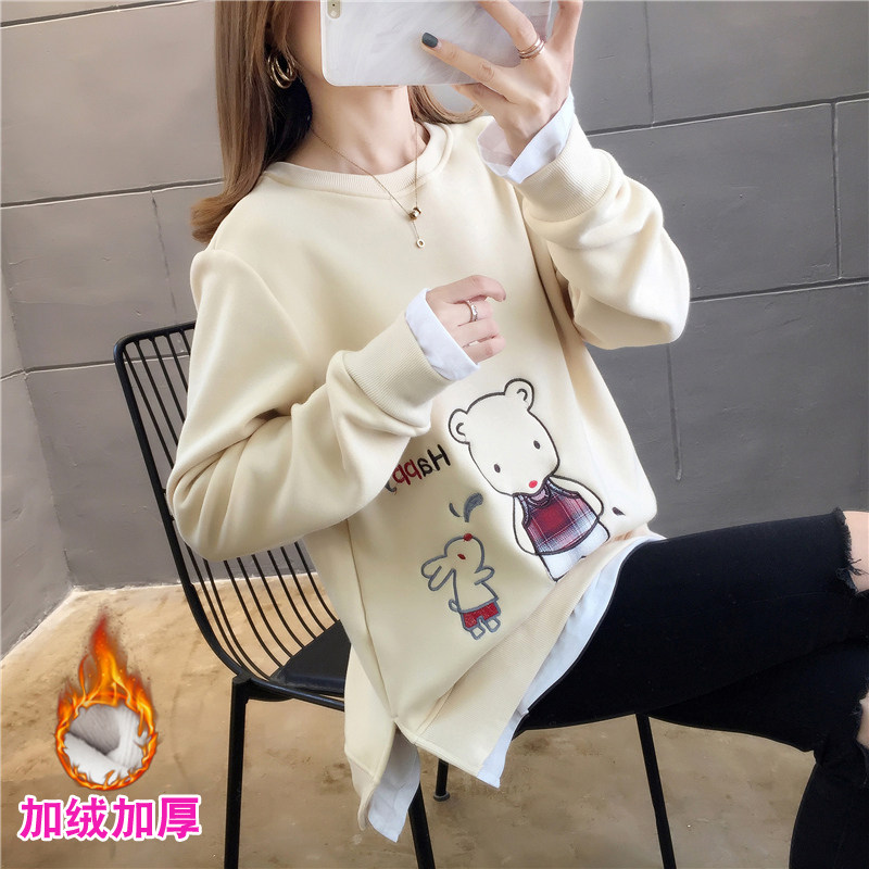 加绒打底衫女长袖秋冬内搭t恤2019新款韩版宽松假两件洋气上衣潮