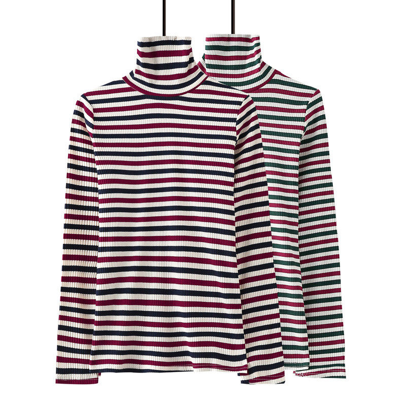高领打底衫女秋冬2019新款条纹上衣韩版修身百搭纯棉加厚长袖t恤