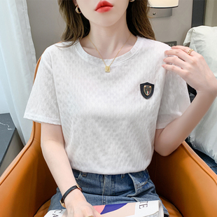 凉感冰丝短袖t恤女夏季薄款2023年新款纯棉白色正肩小众宽松上衣