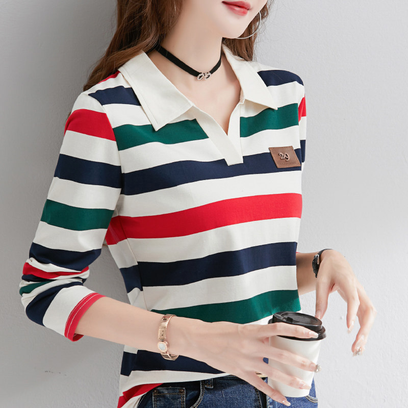 纯棉长袖t恤女春秋2024年设计感小众条纹POLO领内搭气质打底衫女