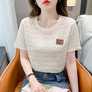 欧洲站短袖女2023年新款夏装纯棉白色镂空设计感宽松正肩t恤上衣