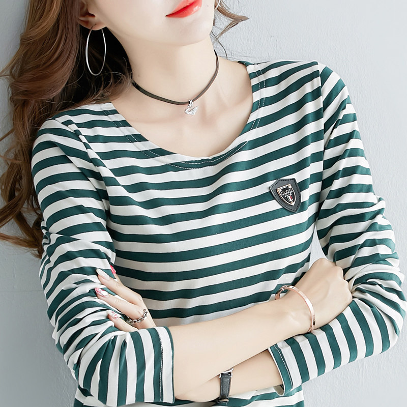 条纹t恤女长袖纯棉修身内搭打底衫韩版百搭2025新款秋装紧身上衣