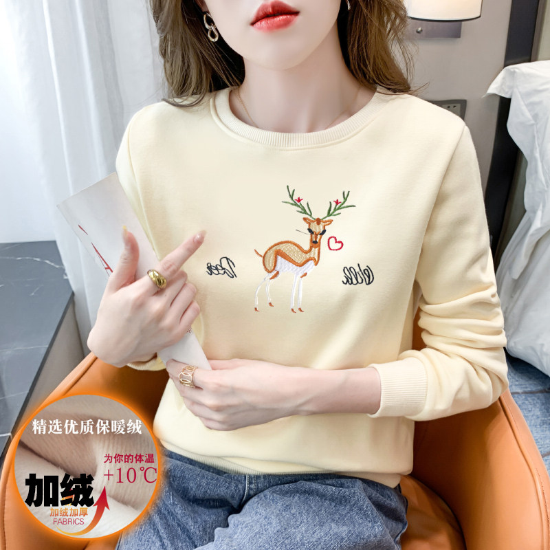 加绒打底衫女加厚保暖上衣服2024新款秋冬装宽松内搭长袖t恤卫衣