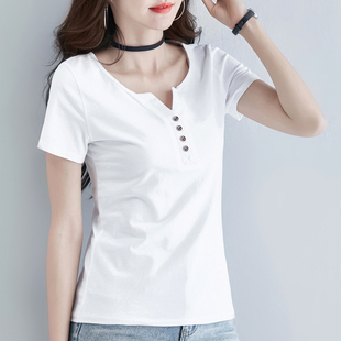 纯棉短袖t恤女装2023年新款夏季设计感小众v领体桖半袖短款上衣潮