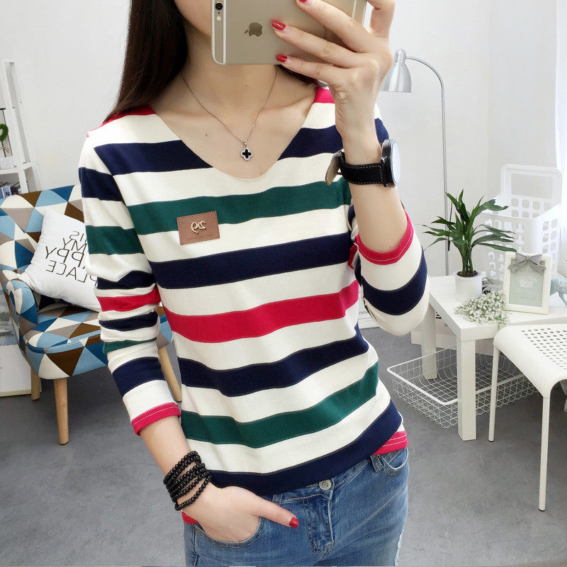 长袖t恤女2021新款秋装条纹修身纯棉内搭打底衫春季上衣潮