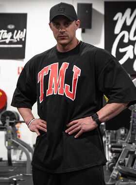 TMJ宽松短袖男落肩oversize大码半袖圆领健身中袖运动服休闲棉T恤