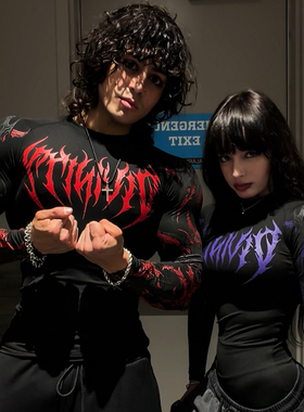 暗黑哥特运动长袖男秋冬潮牌训练打底健身衣美式情侣紧身运动T恤