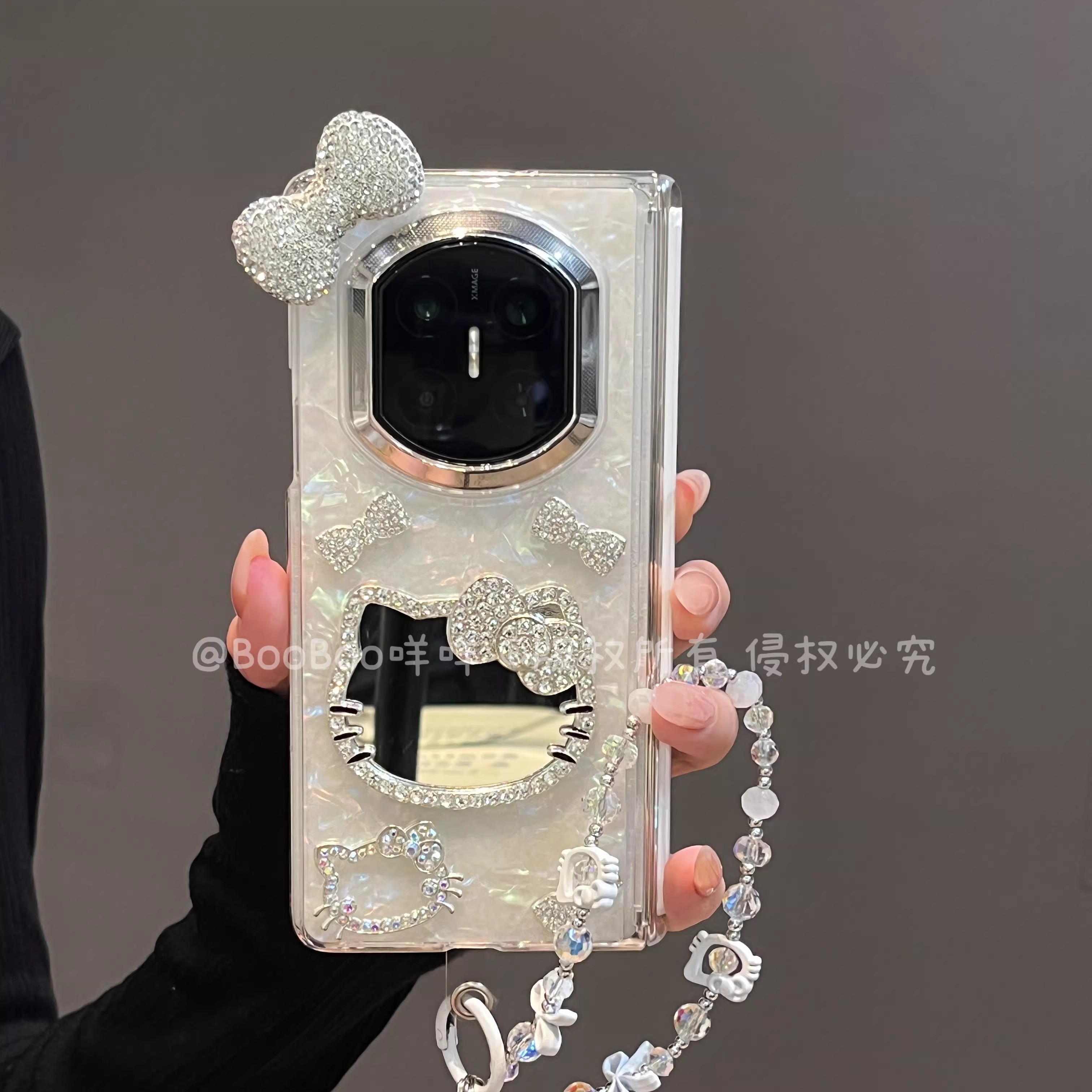 高级感贝壳纹立体点钻猫咪镜子适用于华为MateX7典藏版手机壳MateX6时尚创意X5华为X3小众个性X7超好看折叠屏
