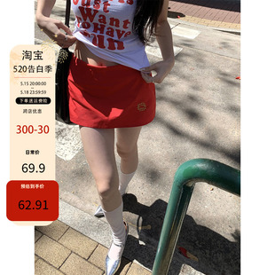 韩版 label方 红色半身裙女2024年夏季 新款 刺绣高腰小众a字短裙ins