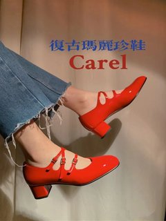 顶版carel玛丽珍女鞋2024年经典法式复古三扣漆皮粗跟中跟单鞋女