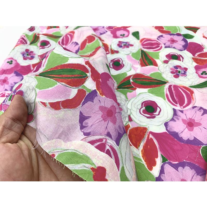 玫红色印花布料 夏季薄款全棉服装面料 2025新款手工制衣纯棉布料