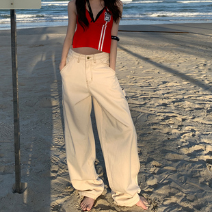 亚麻白宽松显瘦松弛感直筒牛仔裤女2026春夏款版型好的休闲阔腿裤