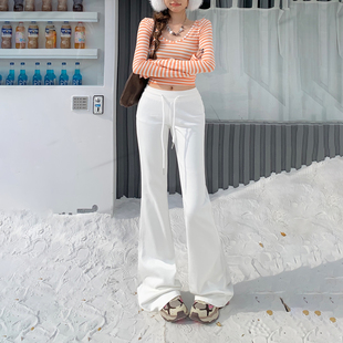 子女秋冬加绒 松紧腰小个子粉色休闲喇叭裤 白色修身 显瘦微喇运动裤