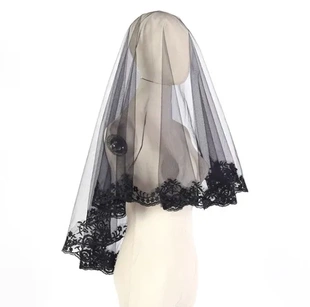 鬼新娘黑色头饰派对蕾丝女巫哥特风欧美面纱万圣节复古玫瑰花头纱