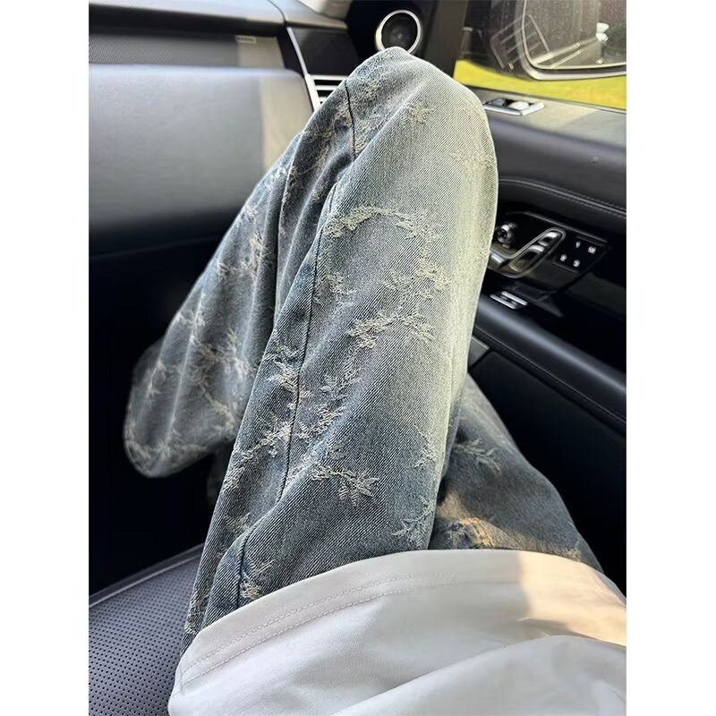 国潮复古提花牛仔裤男春季设计感水洗裤子美式高街vibe直筒微喇裤