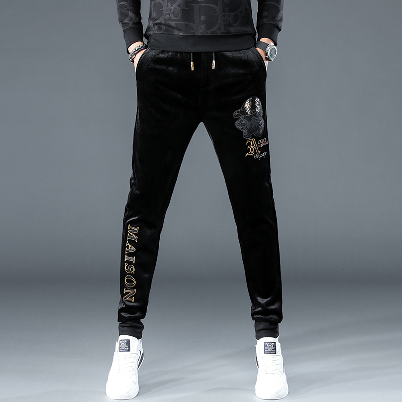 金丝绒休闲裤男秋冬潮流加绒加厚灯芯绒高端刺绣潮牌冬季欧货裤子