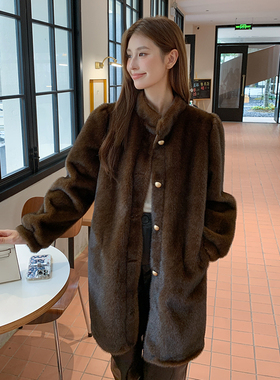 中古仿皮草仿水貂环保毛毛立领长款年轻显瘦大衣皮草外套2025秋冬