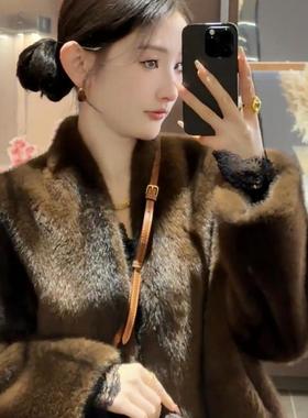 韩女美丽法则水貂绒十字貂皮毛一体上衣环保皮草百搭毛毛外套女冬