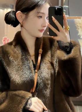 韩女美丽法则水貂绒十字貂皮毛一体上衣环保皮草百搭毛毛外套女冬