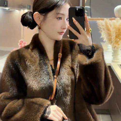 韩女美丽法则水貂绒十字貂皮毛一体上衣环保皮草百搭毛毛外套女冬