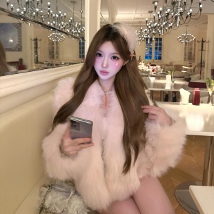 千金小香风粉色仿狐狸毛环保皮草外套女25冬短款 慵懒高级毛毛大衣