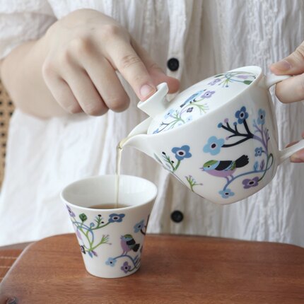 日本东烧出口高端商超蝶舞花间田园鸟语手绘陶瓷一壶二杯茶器套装