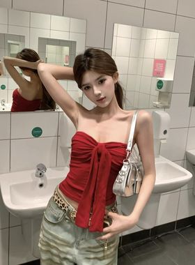辣妹红色蝴蝶结系带抹胸吊带背心女夏纯欲设计感修身内搭无袖上衣