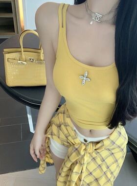 辣妹带胸垫黄色纯棉吊带小背心女夏季设计感修身百搭短款无袖上衣