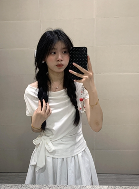 韩系露肩蝴蝶结绑带一字肩短袖t恤女夏2026新款白色斜肩修身上衣