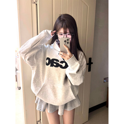 美式复古字母刺绣连帽卫衣