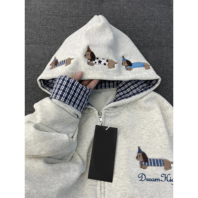 美式复古腊肠狗刺绣开衫卫衣女