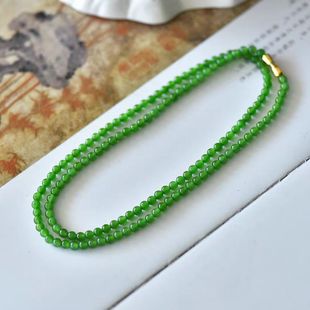 和田玉碧玉小米珠圆珠项链阳绿色女款毛衣链卡4珠子俄料天然玉石