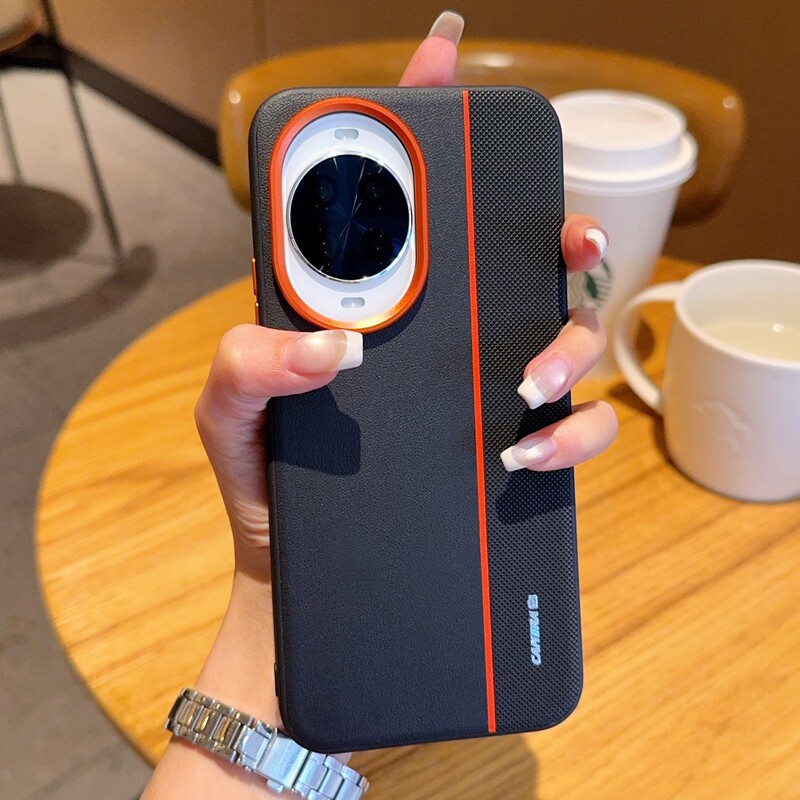 高端三拼色素皮适用华为Nova14手机壳nove14Pro新款note14Ultra真皮防摔novo14u保护套橙色大孔金属镜头外壳