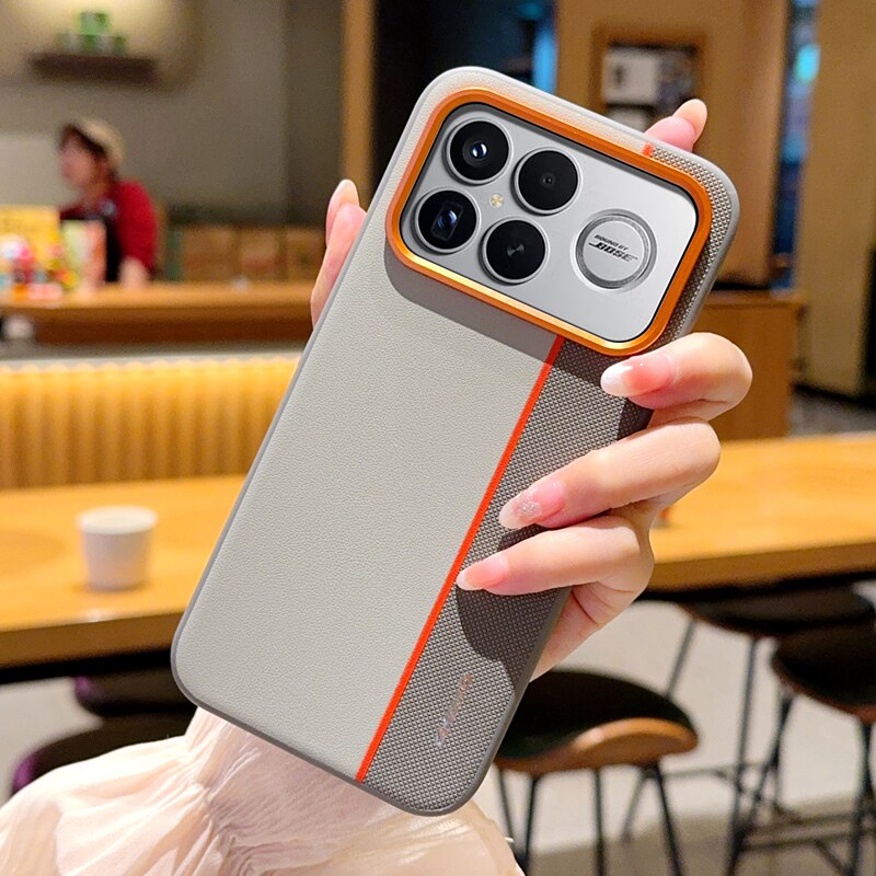 适用红米k90手机壳高端三拼色素皮Redmi K90promax橙色大孔金属镜头2510DRK44C防摔保护套25102RKBEC后壳男女