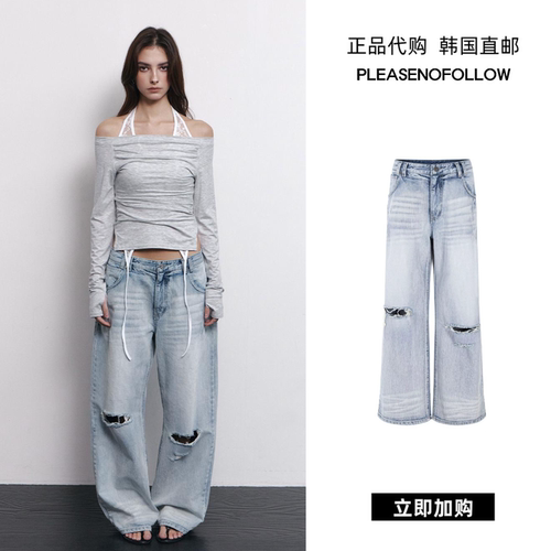 【韩国直邮】PLEASENOFOLLOW低腰口袋冰蓝水洗破洞直筒阔腿裤