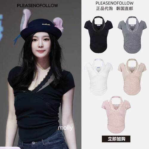 【韩国直邮】宁艺卓同款PLEASENOFOLLOW蕾丝挂脖短袖