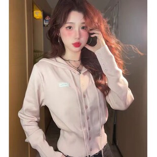 显瘦休闲百搭设计感上衣 韩系收腰显瘦连帽针织开衫 女春季 新款 修身