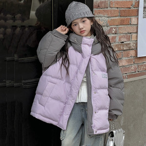 男童羽绒服冬季保暖女童白鸭绒外套2024新款拼色连帽中大童洋气潮