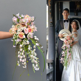 粉色油画园林风重工韩系新娘领证仿真花外拍照复古中式瀑布手捧花