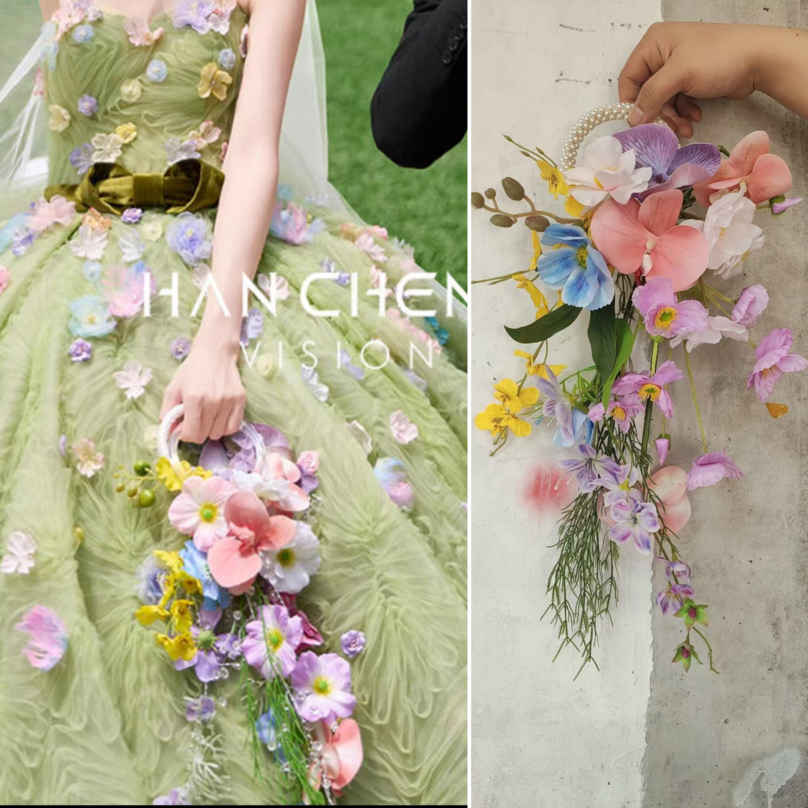 新森系绿色婚纱手捧花仿真蝴蝶兰珍珠手提花户外婚礼新娘拍照道具